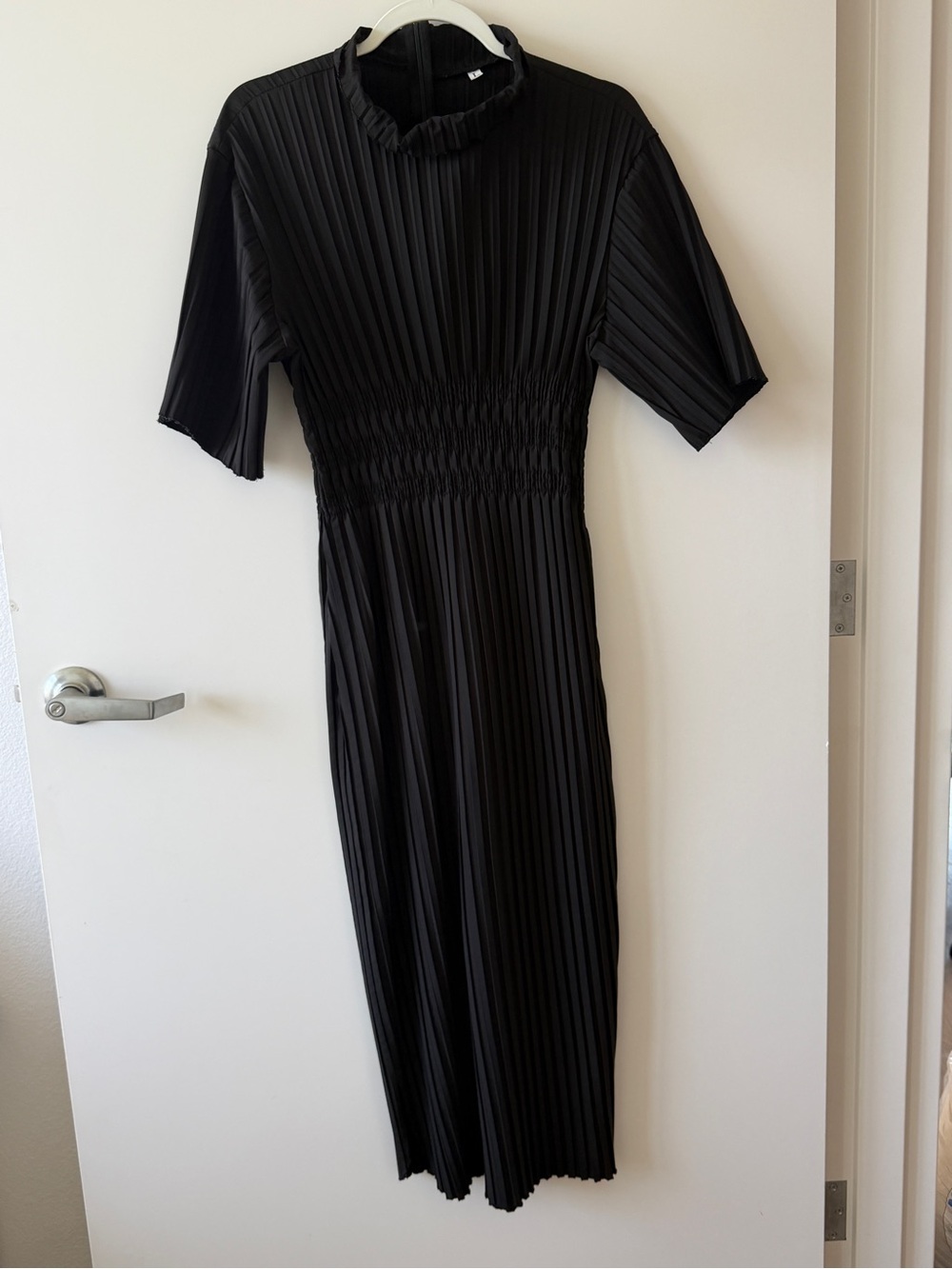 Black Pleated Midi Dress with Smocked Waist
